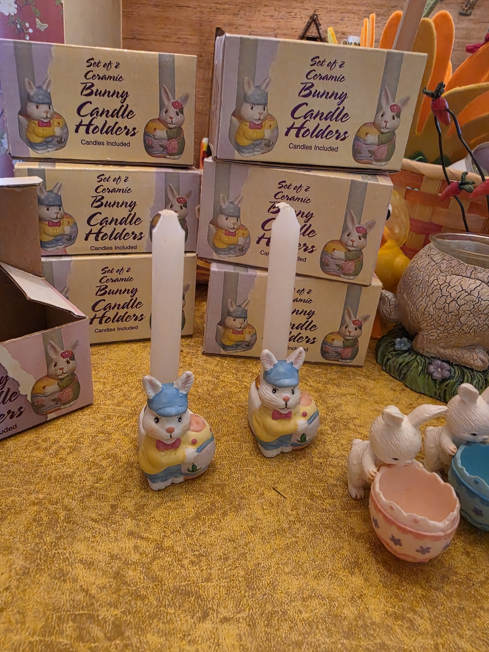 7 Sets of Ceramic Easter Bunny Candle Holders with Candles